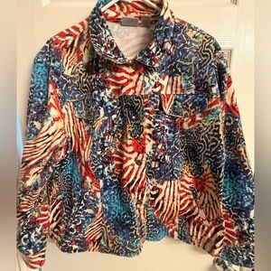 Chico's Red and Blue Patriotic July 4th Patterned Jean Jacket
Size 3 = XL